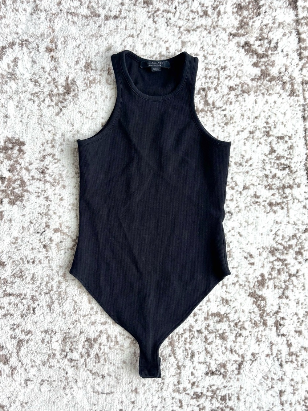 All Saints Jamie Thong Racerneck Black Ribbed One-Piece Bodysuit